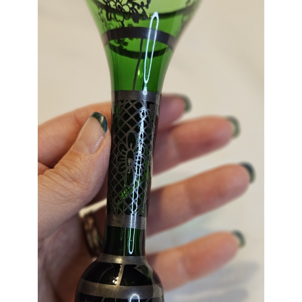 Bohemian Emerald Green Glass Silver Overlay Bud or Weed Vase - Beautiful - Picture 12 of 16